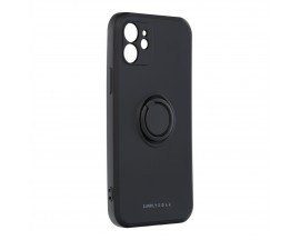 Husa Spate Roar Amber Compatibila Cu iPhone 12, Inel Metalic Pe Spate, Protectie Camera, Negru