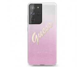 Husa Spate Guess Compatibila Cu Samsung Galaxy S21 Ultra, Script Glitter Gradient, Roz - 0495995