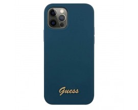 Husa Spate Guess, Compatibila Cu iPhone 12/12 Pro, Colectia Metal Logo Script, Albastru - 43018