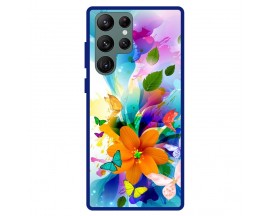 Husa Premium Spate Upzz Pro Anti Shock, Compatibila Cu Samsung Galaxy S22 Ultra, Painted Butterflies 2, Rama Albastra