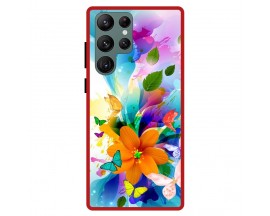 Husa Premium Spate Upzz Pro Anti Shock, Compatibila Cu Samsung Galaxy S22 Ultra, Painted Butterflies 2, Rama Rosie