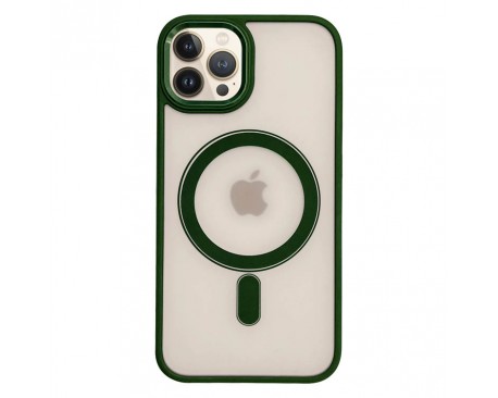 Husa UPzz Trend MagSafe, Compatibila Cu iPhone 13 Pro Max, Butoane Metalice, Spate Transparent, Rama Verde