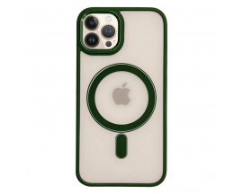 Husa UPzz Trend MagSafe, Compatibila Cu iPhone 13 Pro, Butoane Metalice, Spate Transparent, Rama Verde