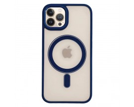 Husa UPzz Trend MagSafe, Compatibila Cu iPhone 13 Pro, Butoane Metalice, Spate Transparent, Rama Albastra