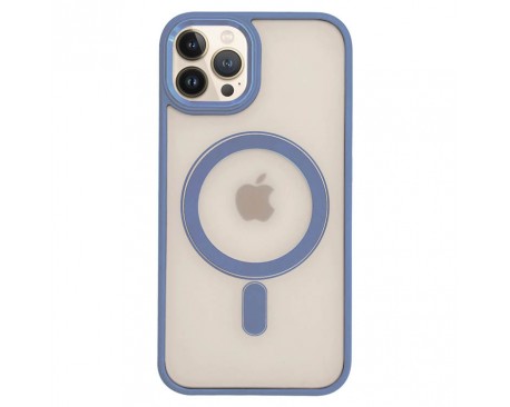 Husa UPzz Trend MagSafe, Compatibila Cu iPhone 13 Pro, Butoane Metalice, Spate Transparent, Rama Albastru Deschis