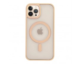 Husa UPzz Trend MagSafe, Compatibila Cu iPhone 13 Pro, Butoane Metalice, Spate Transparent, Rama Roz Deschis