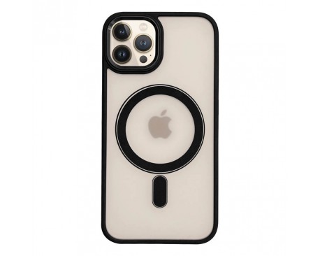Husa UPzz Trend MagSafe, Compatibila Cu iPhone 13 Pro, Butoane Metalice, Spate Transparent, Rama Neagra