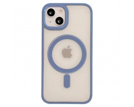 Husa UPzz Trend MagSafe, Compatibila Cu iPhone 13, Butoane Metalice, Spate Transparent, Rama Albastru Deschis