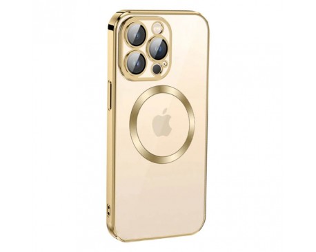 Husa UPzz Trend Electro MagSafe, Compatibila Cu iPhone 14 Pro Max, Spate Transparent, Rama Aurie