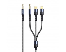 Cablu Audio Usams 3 in 1, Jack La Jack, Lightning, Usb-C, Lungime 1,2m, Negru