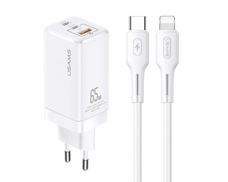 Incarcator retea Usams GaN cu cablu Lightning, 1 X USB - 2 x USB Tip-C, Quick Charge, 65W, Alb
