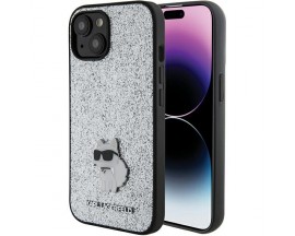 Husa Spate Karl Lagerfeld Compatibila Cu iPhone 15, Coletia Glitter Choupette Logo Metal, Silver - 165277