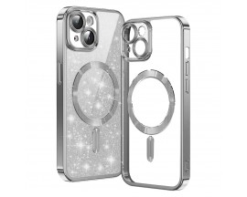 Husa Upzz Luxury Crystal Glitter MagSafe Protectie La Camere, Compatibila Cu iPhone 15 - Silver