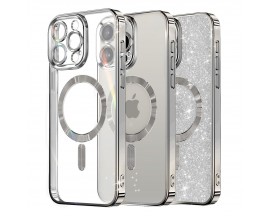 Husa Upzz Luxury Crystal Glitter MagSafe Protectie La Camere, Compatibila Cu iPhone 15 Pro - Silver