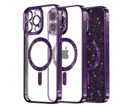 Husa Upzz Luxury Crystal Glitter MagSafe Protectie La Camere, Compatibila Cu iPhone 15 Pro - Deep Purple