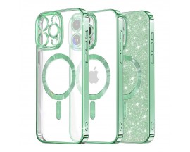 Husa Upzz Luxury Crystal Glitter MagSafe Protectie La Camere, Compatibila Cu iPhone 15 Pro - Light Green
