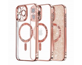 Husa Upzz Luxury Crystal Glitter MagSafe Protectie La Camere, Compatibila Cu iPhone 15 Pro - Rose Gold