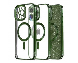 Husa Upzz Luxury Crystal Glitter MagSafe Protectie La Camere, Compatibila Cu iPhone 15 Pro Max - Deep Green