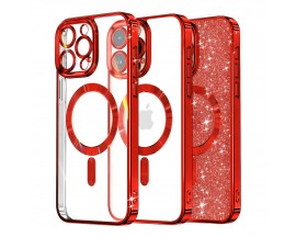 Husa Upzz Luxury Crystal Glitter MagSafe Protectie La Camere, Compatibila Cu iPhone 14 Pro Max - Red