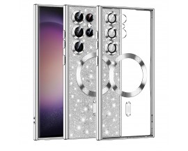 Husa Upzz Luxury Crystal Glitter MagSafe Protectie La Camere, Compatibila Cu Samsung Galaxy S23 Ultra 5G - Silver
