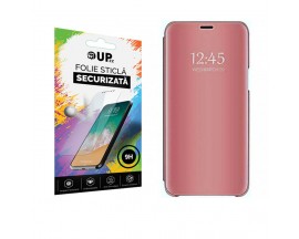 Husa Tip Carte Mirror Samsung Galaxy A21S, Roz Cu Folie Sticla Upzz Glass Inclusa In Pachet