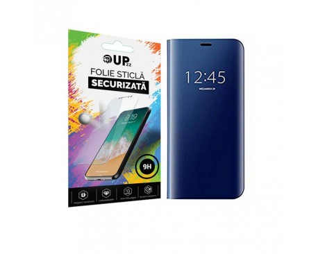 Husa Tip Carte Mirror Samsung Galaxy M21,  Albastru  Cu Folie Sticla Upzz Glass Inclusa In Pachet