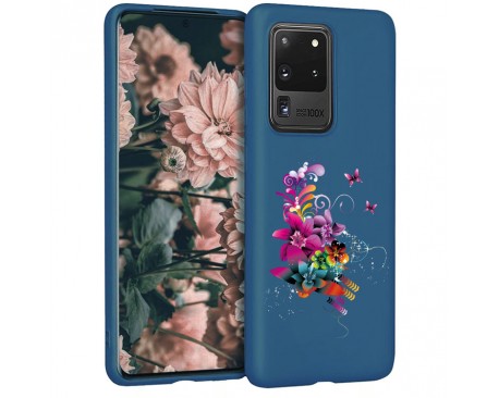 Husa Silicon Soft Upzz Print Candy Samsung Galaxy S20 Ultra Flower Pattern Albastru