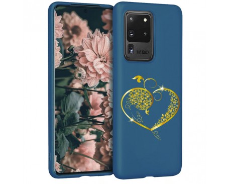 Husa Silicon Soft Upzz Print Candy Samsung Galaxy S20 Ultra Gold Heart Albastru