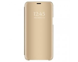 Pachet  Husa Tip Carte Mirror Samsung Galaxy M21, Gold Cu Folie Sticla Upzz Glass Inclusa In Pachet