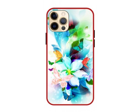 Husa Premium Spate Upzz Pro Anti Shock Compatibila Cu Iphone 12 Pro Max, Model Painted Butterflies, Rama Rosie