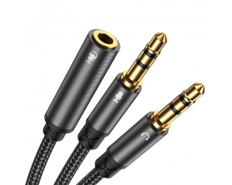 Cablu audio splitter Joyroom AUX mini mufa 3,5 mm (female) - 2x mini mufa 3,5 mm (male - microfon si casti) 0,2m negru (SY-A05)